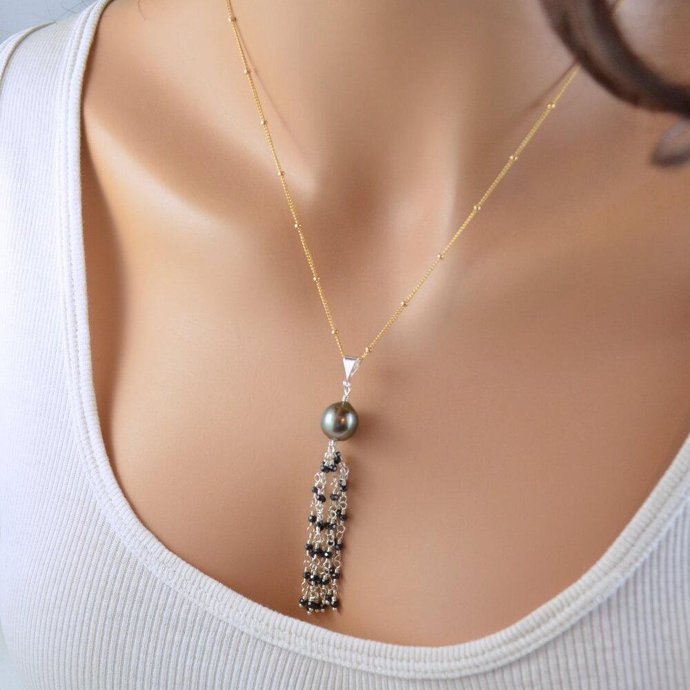 Tahitian Pearl Necklace with Black Gemstone Tassel in Gold and Silver